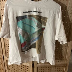 Bershka White Tee with Colorful Car Graphic